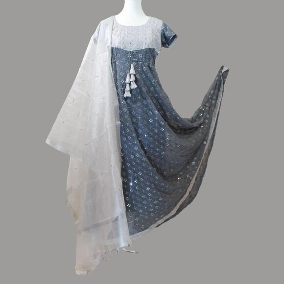 Grey Dress with Intricate Mirror Work | Muvvas Boutique - Picture 5 of 13